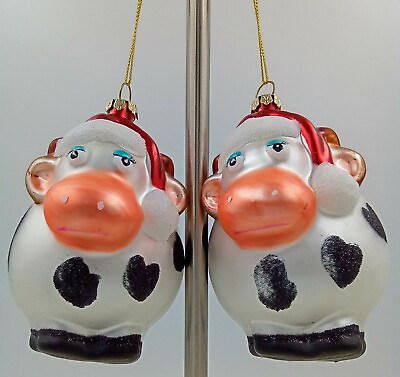 #ad Black amp; White Cows w Santa Hats Blue Eyelids Big Noses Ornaments 5quot; Set of 2 $12.99