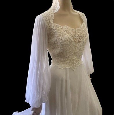 #ad 70s 80s Vintage Alfred Angelo Lace Wedding Dress Train Boho Cottagecore $145.00