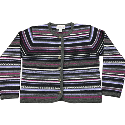 #ad Tally Ho Womens 100% Wool Striped Cardigan Sweater Long Sleeve Multicolor Size M $14.38