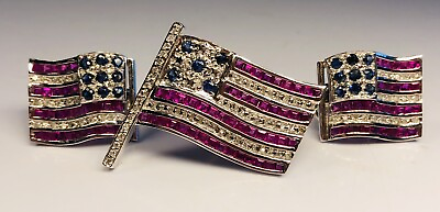 #ad Fine 14K Diamonds Rubies Sapphires Matching American Flag Pin amp; Earrings $2520.00