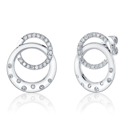 #ad 14k White Gold Diamond Circle Earrings Bezel Set Interlocking Natural 0.32 CT $1390.00
