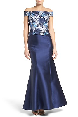 #ad 💙 ADRIANNA PAPELL Navy Blue Guipure Lace amp; Mikado Off Shoulder Mermaid Gown 2 $39.20