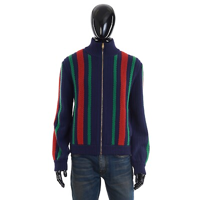 #ad GUCCI 2200$ Dark Blue Knit Wool Bomber With Vertical Web $1386.00