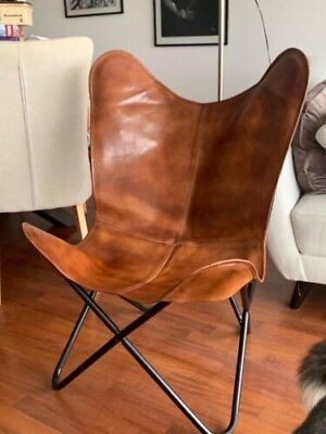 #ad New Handmade Vintage Tan Leather Butterfly Chair Relax Arm Chair Office Chair $149.00