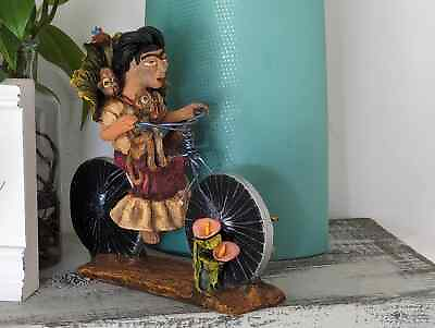 #ad Handmade Gift Woman on Bicycle with 4 Monkeys Original Art amp; Clay Figurine $151.84