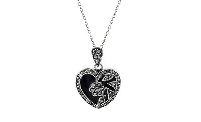 #ad 925 Sterling Silver Genuine Marcasite Heart CZ Pendant Necklace 18quot; $11.99