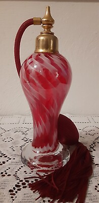 #ad #ad Vintage Art Glass Perfume Atomizer Dark Pink and White Swirls 7quot; tall $29.75