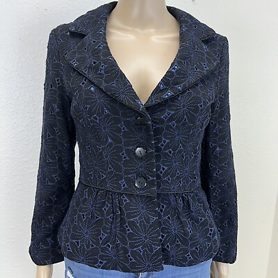 #ad Nanette Lepore Women#x27;s Sz 6 Blue amp; Black Floral Lace Blazer Jacket Peplum $24.99