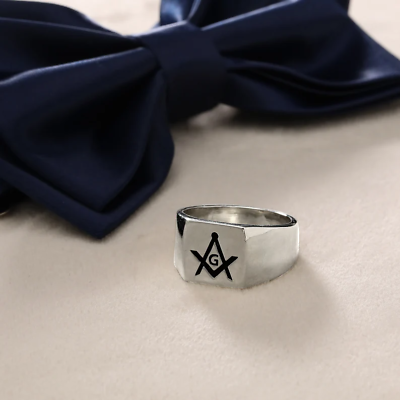 #ad Freemasonry Ring Silver Gold and Black Rhodium Ring Masonic Master Mason Ring $141.09