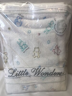 #ad New Vintage Sears Little Wonders Teddy Bears Baby Hooded Towel Washcloth Set $40.37