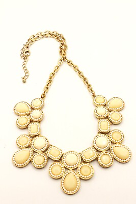Womans Statement Bib Necklace Two Rows Beveled Cut Jems Faux Pearls Gold Tone $24.00