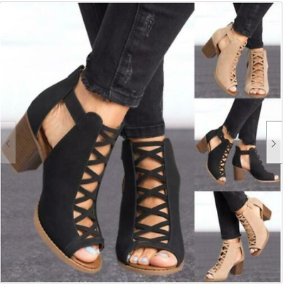 #ad Fashion Women Hollow Cut Out Peep Toe Mid Heel Sandals Zipper Casual Dress Shoes $32.15