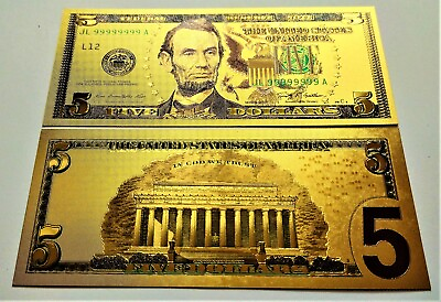 #ad $5 GOLD Plated Foil $5 Dollar Bill Novelty Note In Plastic Sleeve $1.99