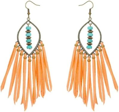 #ad Bohemian Fringe Leather Earrings with Turquoise Stylish Tassel Dangles for Wom $36.45