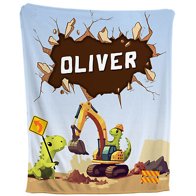 #ad Dinosaur Excavator Blanket Personalized Fleece Construction Kids Baby Gift $49.45