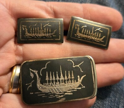 #ad Vtg Siam Sterling Jewelry Niello Cufflinks And Belt Buckle Ship Motif $45.00