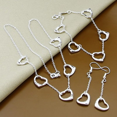 #ad 925 Sterling Silver Women Jewelry Set Love Heart Necklace Bracelet Earrings Gift $9.99