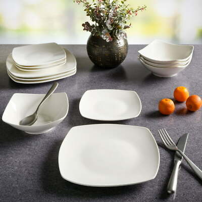 #ad #ad White 12 Piece Ceramic Dinnerware Set Square Dinner Plates Dish Service For 4 $25.60