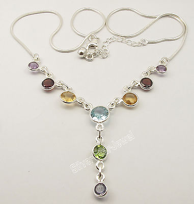 #ad 925 Sterling Silver FACETED ROUND MULTISTONES Colorful Necklace 17 3 4quot; $27.50