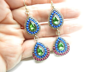 #ad Green Teardrop Rhinestone Blue Purple Beaded Gold Tone Pierced Earrings Vintage $6.27