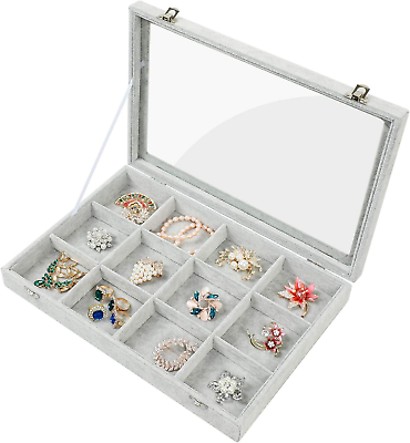 #ad 12 Grid Jewelry Organizer Tray Showcase Ice Velvet Clear Lid Lockable Display St $32.49