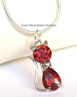 #ad Silver Kitty Cat Necklace Pendant Red Cubic Zirconia 20quot; Vet Tech Gift Plated $7.99
