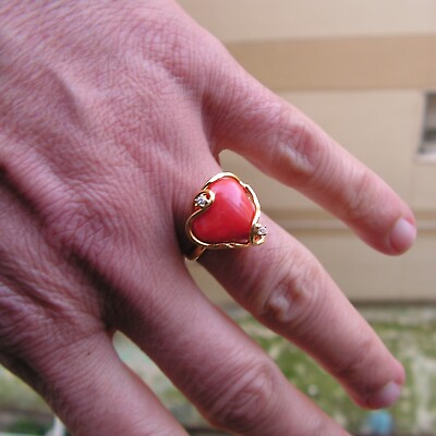 #ad Vintage Style Heart Coral Red Silver Gold LARGE Ring Sz 7 Adjustable $98.77