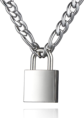#ad Padlock Necklace Stainless Steel Lock Chain for Men Women Silver 18 inch $26.11