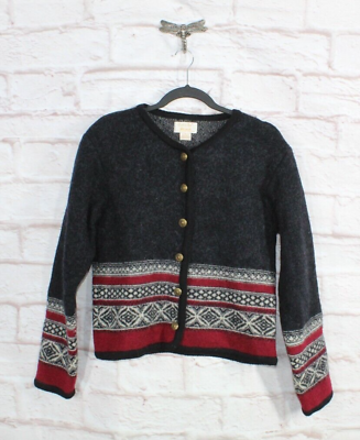 #ad Vintage Tally Ho Womens Black Wool Geometric Button Front Cardigan Sweater Sz M $28.00
