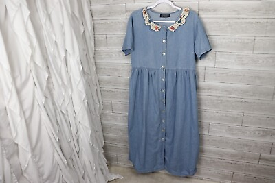 #ad Vintage CHORUS BLUES Denim Dress 20W Button Front floral Collared Short Sleeve $13.45