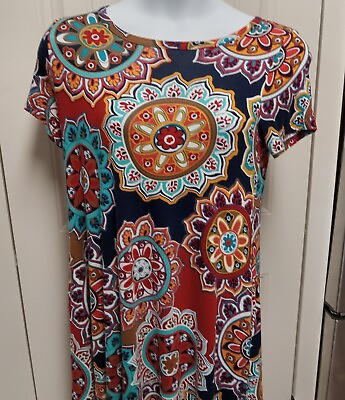 #ad Korris Womens Short Sleeve Sz Large Hippie Floral Print Flowy Maxi Dress Pockets $12.99