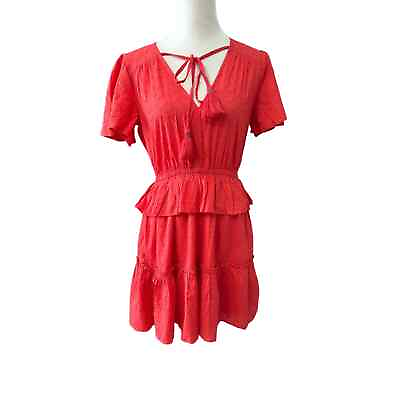 #ad NSR Womens Kailani Tiered Dress Red V Neck Short Sleeve Eyelet Lace Cotton S New $31.99