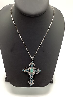 #ad Blue And Season Green Rhinestone Cross Necklace 20” With Extender NWOT $7.99