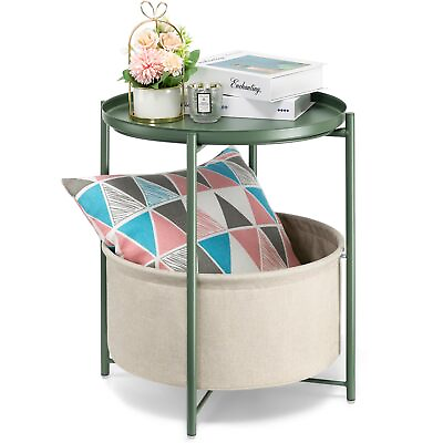 #ad Round Side Table with Fabric Storage Basket Metal Side Table Small Bedside T... $59.34