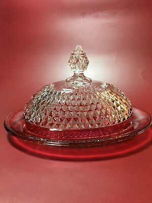 #ad Vintage Indiana Glass Ruby Red Flash Diamond Point Lg. Oval Covered Butter Dish $25.00