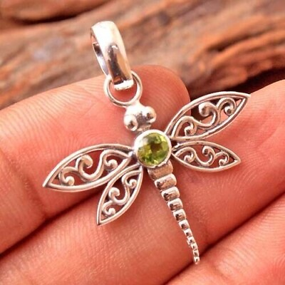 #ad 1Ct Round Simulated Green Peridot Dragonfly Pendant Chain 14K White Gold Plated $56.00