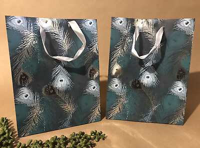 2 Whimsical Teal amp; Silver Peacock Feather Paper Gift Bags Medium NEW $5.00