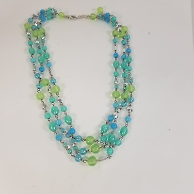 #ad Vintage 3 Multi Strand Green Blue Beaded Necklace Silver Tone Station 18 20.5quot; $14.99