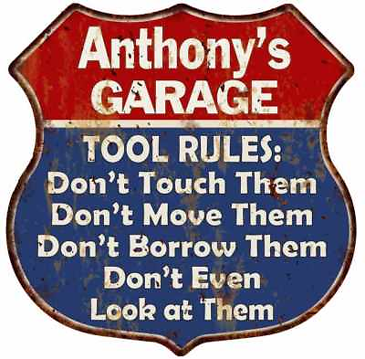 #ad Anthony#x27;s Garage Man Cave Rules Personalized Gift Shield Metal Sign 211110001372 $24.95