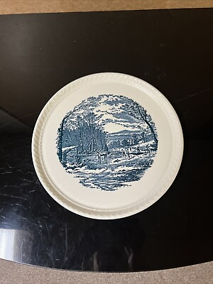 #ad Vintage Cake Plate Currier amp; Ives Print Blue Farm Homestead Winter $5.00