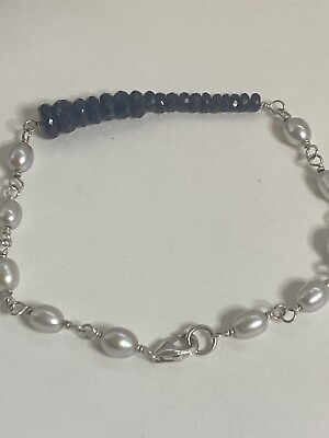 #ad 925 Sterling Silver Freshwater light gray Pearl amp; Sapphire Bracelet 7.5 In 5.45g $40.00
