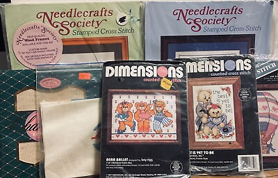 #ad NEEDLECRAFT LOT 7 COUNTED amp; CROSS STITCH KITS FABRIC amp; PARTIALLY DONE WORK NICE $15.99