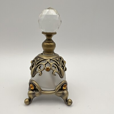 Vintage Frosted Glass Perfume Bottle Jeweled Amber 3quot; Refillable Decanter Empty $24.99