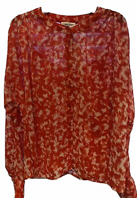 #ad Calvin Klein Womens Top Red Coral White Semi Sheer long sleeve size XL New $16.95