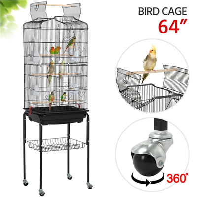 #ad New Fashion Bird Cage 64quot; Large Metal Rolling Bird Cage with Open Play TopBlack $75.00