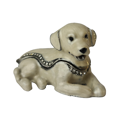 #ad Bejeweled Pewter Enamel Dog Figurine Crystal Trinket Box $57.00