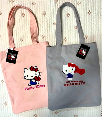 #ad Hello Kitty 50Th Anniversary Pink Gray Tote Bag 16 × 12 inch Limited Sanrio NEW $67.92