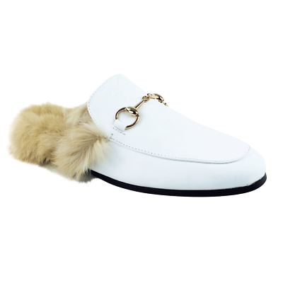 #ad White Backless Mule Slip On Leather Fur Gold Buckle Loafers Shoes Slipper AZAR $69.00