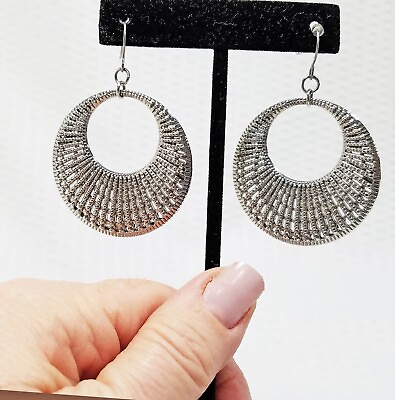#ad Vintage Silver Tone Elliptical Textured Hoop Dangle Earrings $12.95