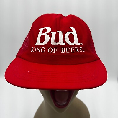 #ad Vintage BUD KING OF BEERS Trucker Hat Cap Made In The USA Mesh Red Snapback $9.95
